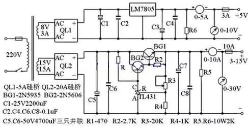3~15V穩(wěn)壓可調(diào)電源電路圖